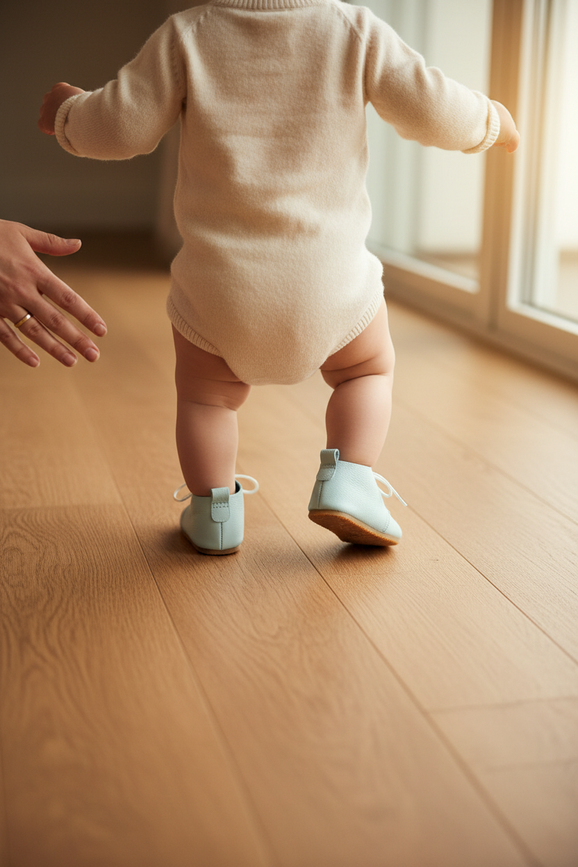 Emotional first steps moment in Zuvo powder blue