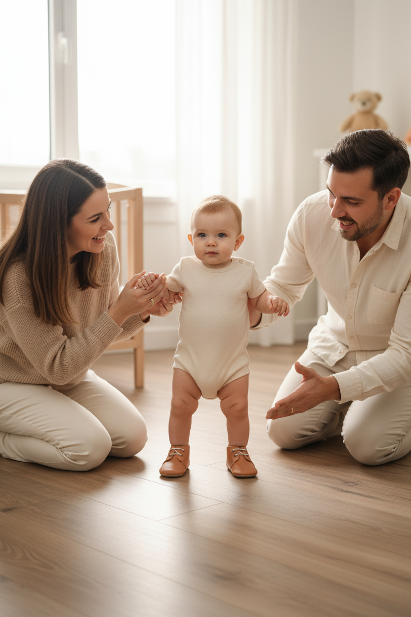 Family portrait with baby taking first steps in Zuvo shoes