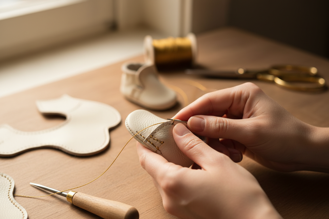 Hands crafting baby shoe